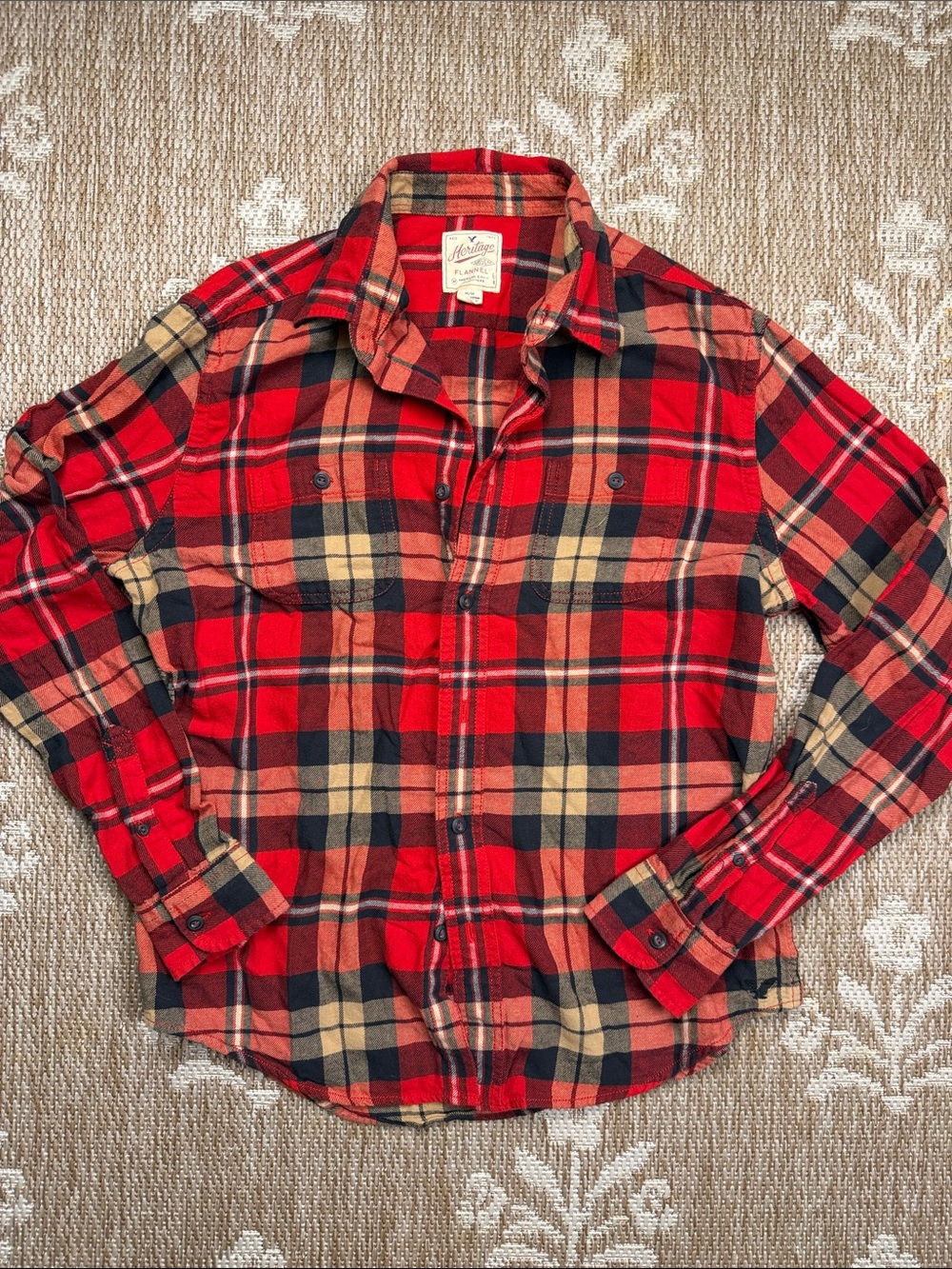 American Eagle Outfitters Red and Tan Plaid Button-Down Shirt